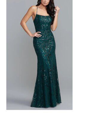 PromGirl Statement Back Long Green Sequin Embellished Maxi Dress Size 2